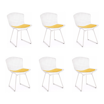 Kit 6 Cadeiras Bertoia Branca Com Assento Amarelo