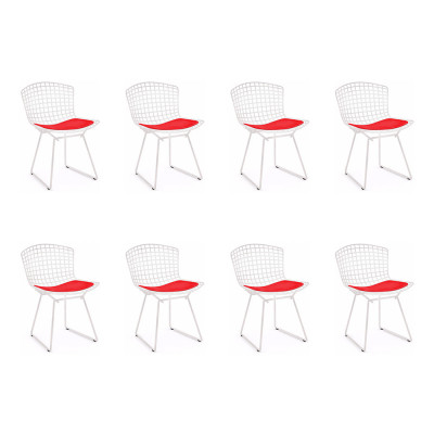 Kit 8 Cadeiras Bertoia Branca Com Assento Vermelho