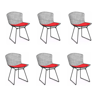 Kit 6 Cadeiras Bertoia Preta Com Assento Vermelho