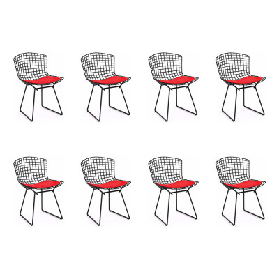 Kit 8 Cadeiras Bertoia Preta Com Assento Vermelho
