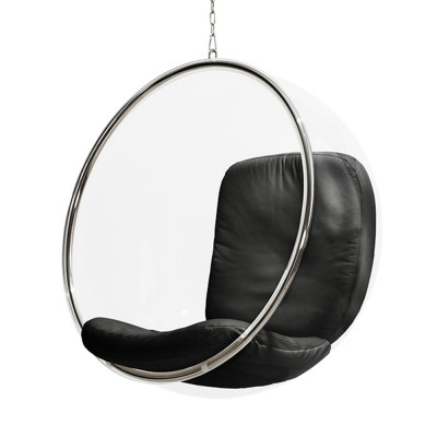 Poltrona Bubble Chair Acrilico Com Estofado Couro Natural - Preto